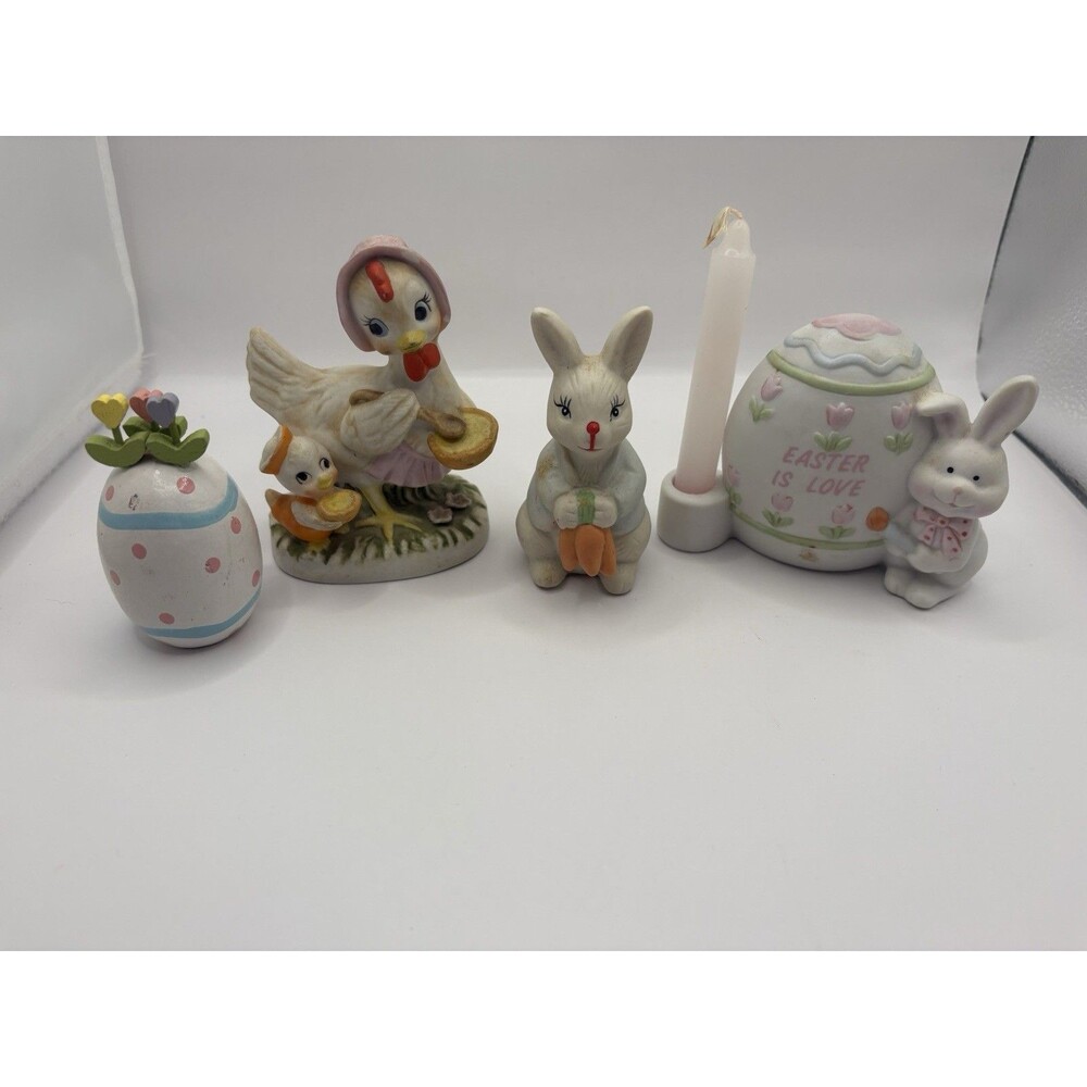 VTG EASTER Figurines Bunnies Chickens Egg Candle Holder-Spring Decor